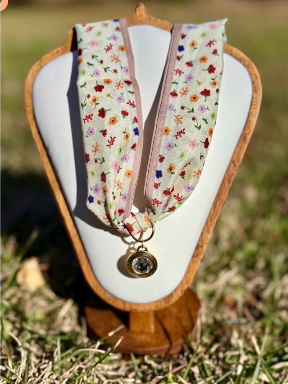 New Floral Ribbon Pendant Necklace - Gold Accent Crystal Rhinestone Charm